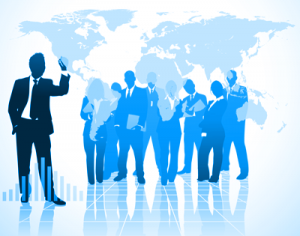 Image of business people with map of the world overlay